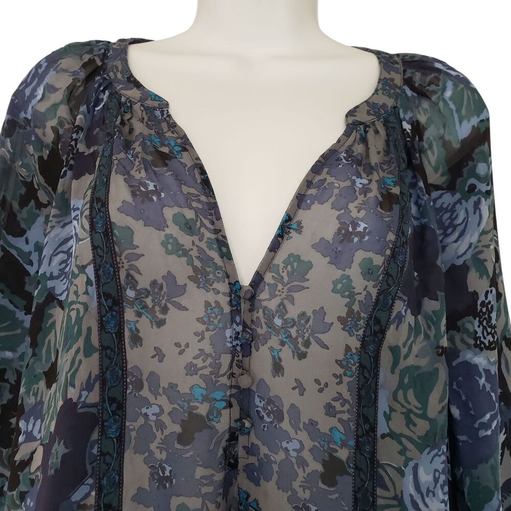 Joie Anthropologie Silk Top Womens M Floral Georgette Sheer V-Neck 3/4 Sleeve - Picture 10 of 10